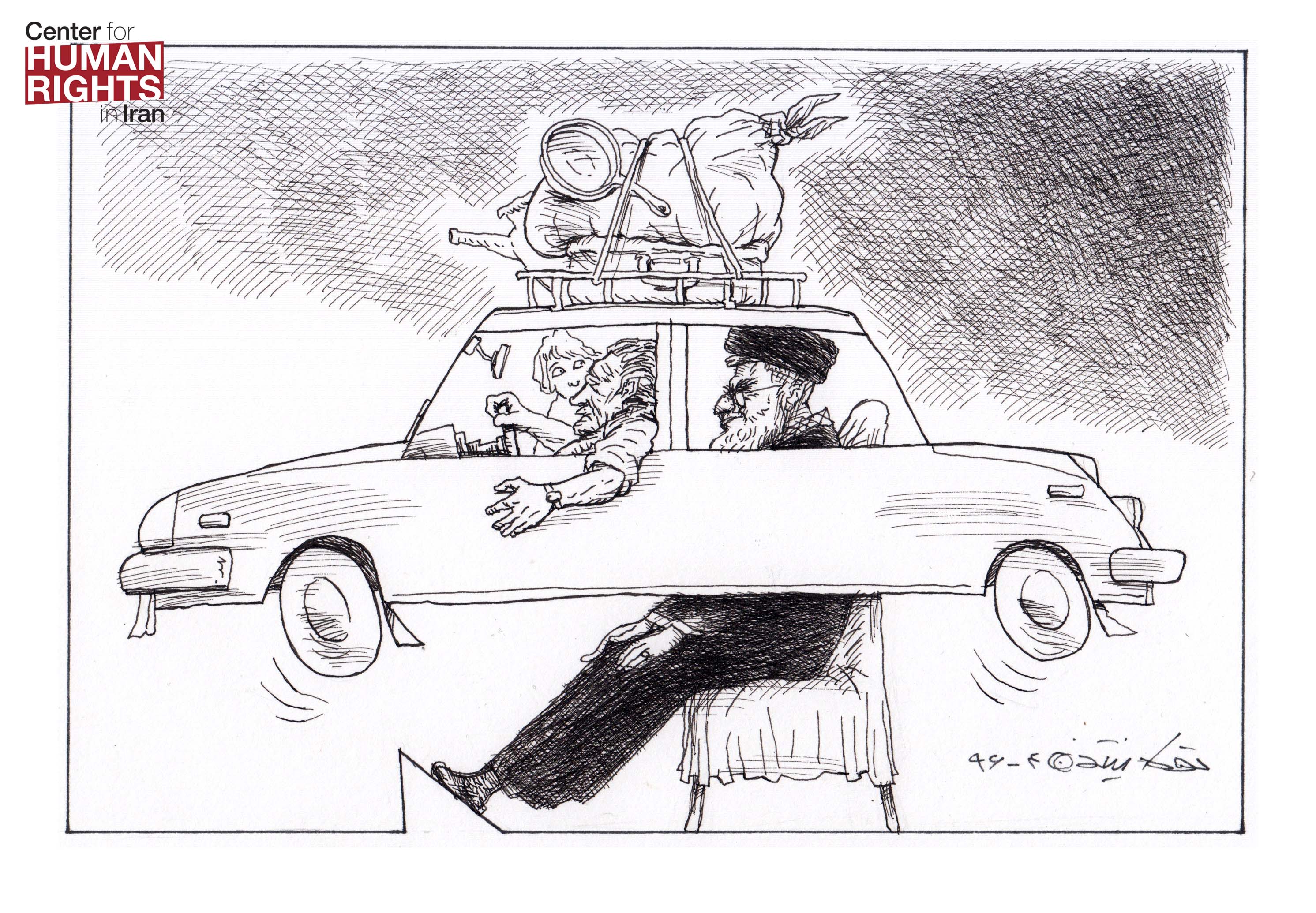 Cartoonist Touka Neyastani depicts the debate over whether women should be forced to wear hijabs in cars, which legal experts argue are private spaces and therefore not subject to Iran's mandatory hijab law. https://iranhumanrights.org/2017/07/contradictory-laws-exasperate-debate-over-iranian-womens-observance-of-hijab-in-cars/