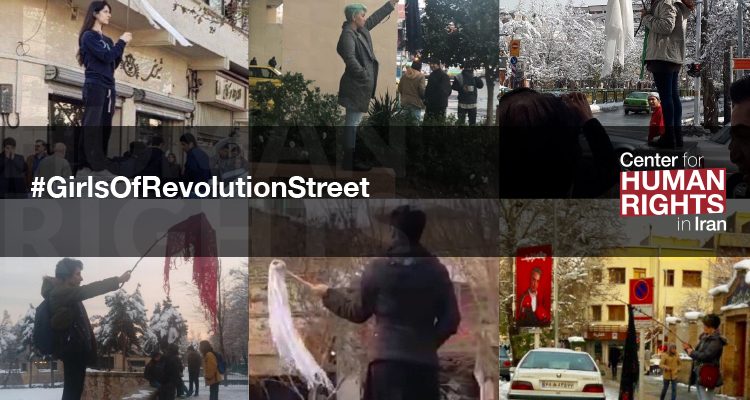 Iranian women protest their country’s hijab law by waving their headscarves in public.