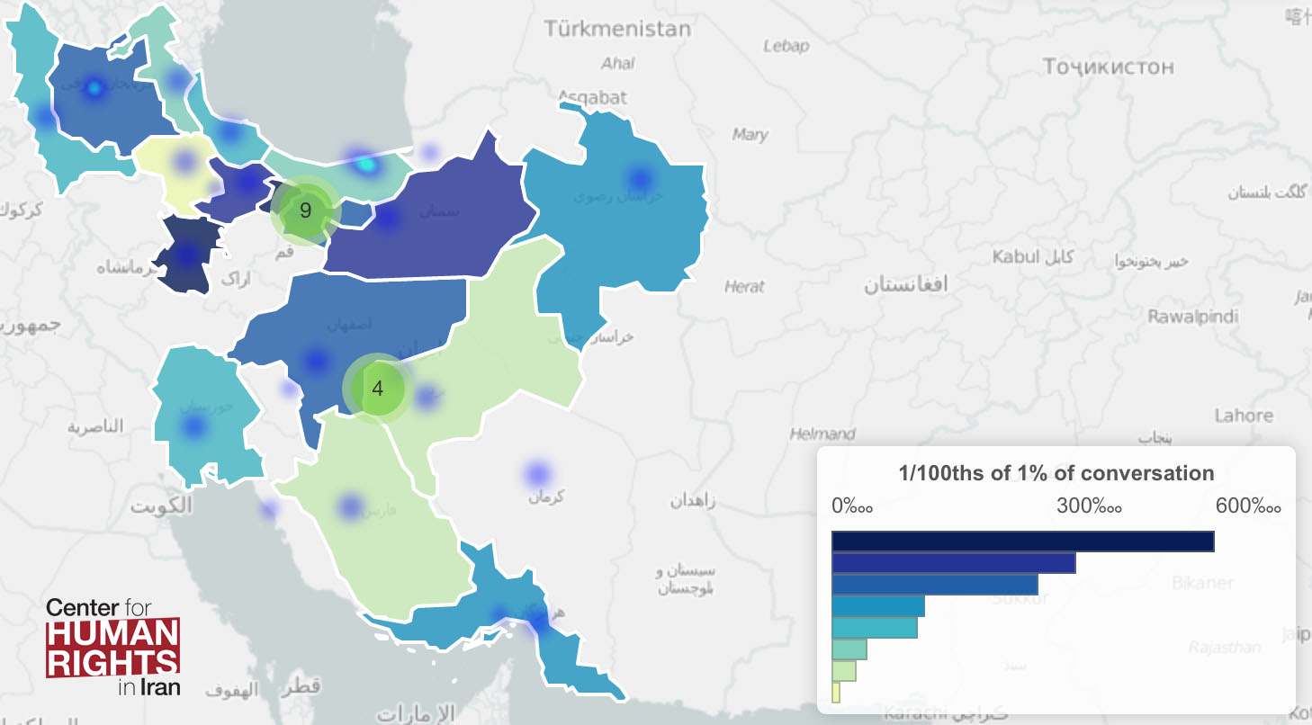 Map shows extent of I-Support-Rouhani tweets in Iran by region.