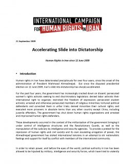 Campaign Report on Human Rights in Iran since 12 June 2009 – Accelerating Slide into Dictatorship
