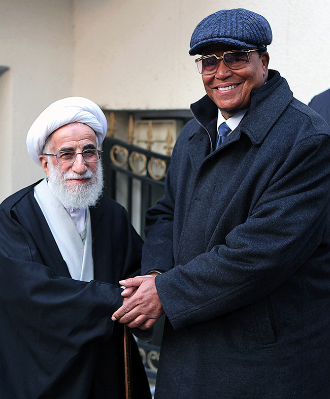 Nation of Islam Minister Farrakhan and Iranian Ayatollah Jannati meeting in Tehran in February 2016.